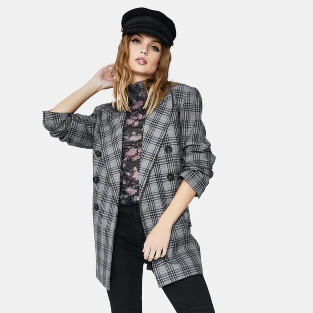 Free People Ashby Double-Breasted Plaid Oversized Blazer Gray XS